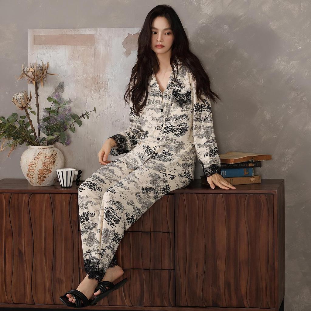 Autumn/Winter Modal Cotton Women's Long Sleeve Pajamas Set with Hyaluronic Acid - High-End Spring Style for Indoors and Outdoors