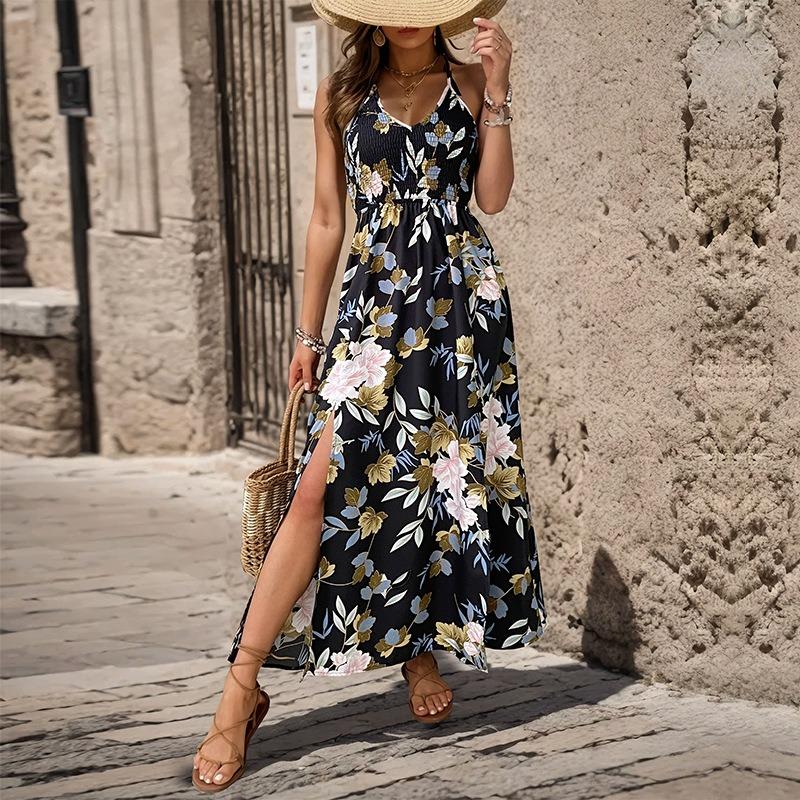 Vacation Casual Suspender Long Skirt Sexy Elegant V-neck Floral Dress