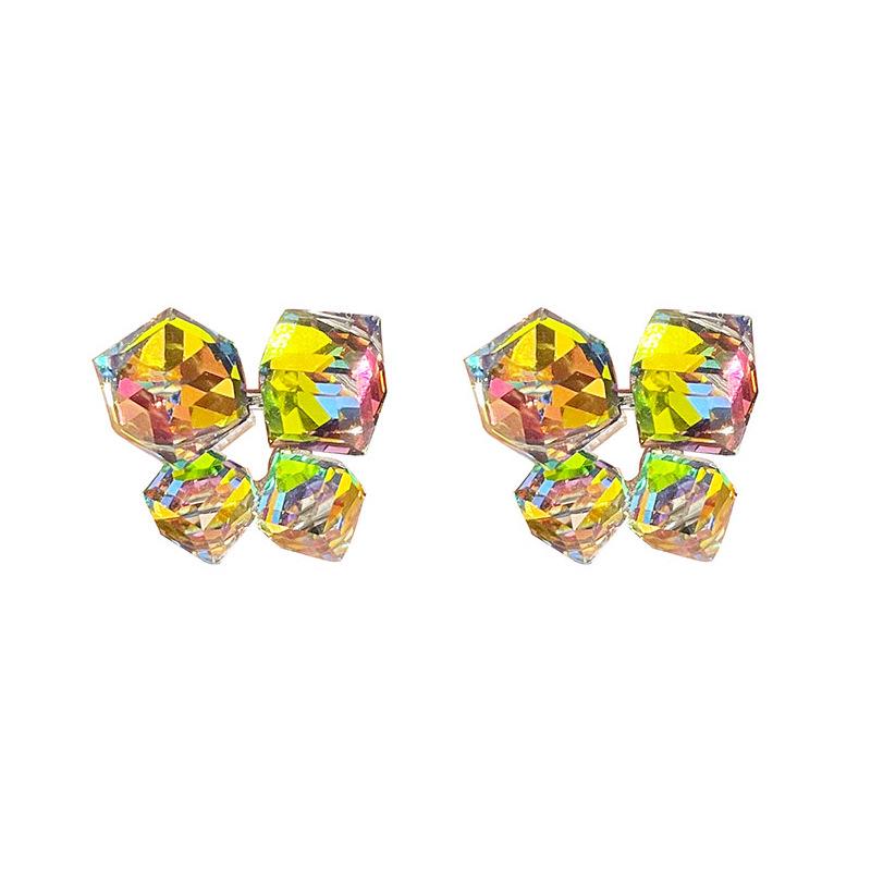 Elegant Dreamy Crystal Cube Earrings: S925 Silver, Aurora Super Flash, Luxury Temperament Studs for Women.