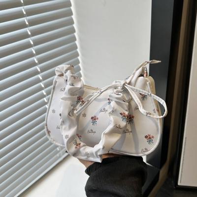 Elegant Flower Pattern Printing Shoulder Bag Bow Wrinkle Sweet Canvas Bag Underarm Bag Large Capacity Lovely Tote Bag Travel