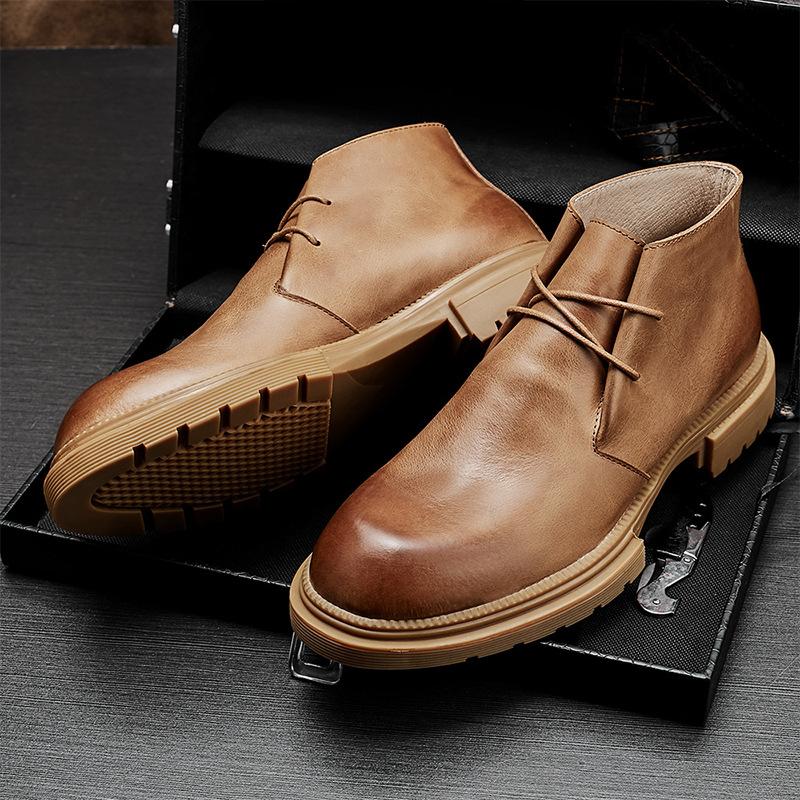 Casual Leather Round Head Thermal Sewing Line Men'S Brown Winter Velvet Thermal Cowhide Tooling Martin Boots