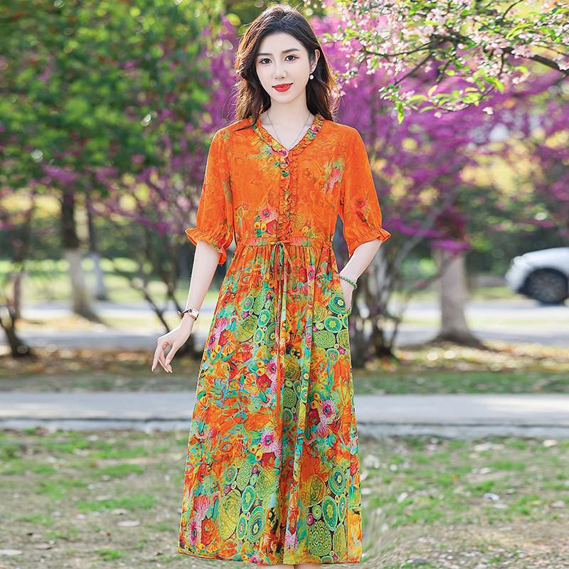

Летнее цветочное платье для мамы 2025 - Свободный крой, скрывающее живот, Стильная одежда для женщин среднего и пожилого возраста 4XL (133-143 jin) оранжевый