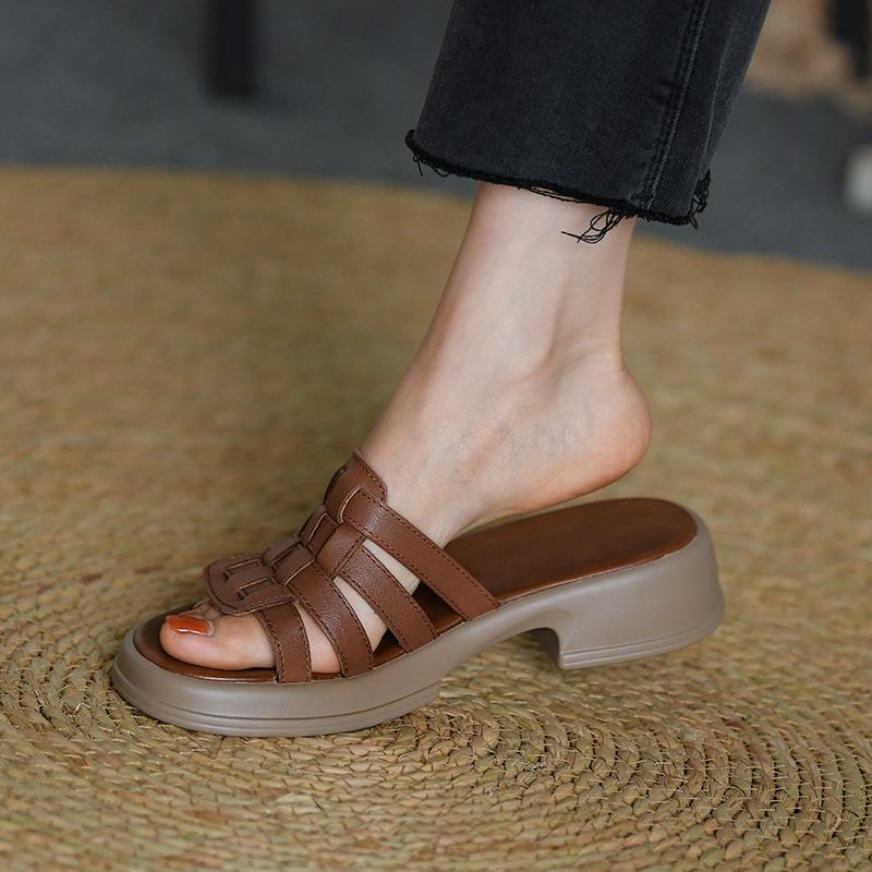 

Плетеные шлепанцы на платформе женские низкокаблучные с круглым носком для улицы шлепанцы на одно слово женская обувь модные ретро сандалии сандалии на толстом каблуке 35 светло-коричневого