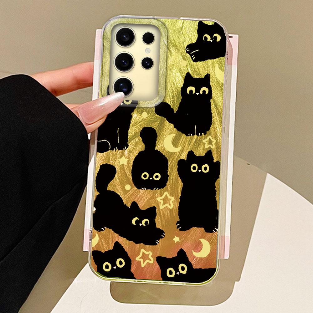 Cute Moon Black Cat Phone Case for Samsung Galaxy S25 S24 S23 S22 S21 FE Plus Ultra S25+ S24+ Back Silicone Shell Soft TPU Cover