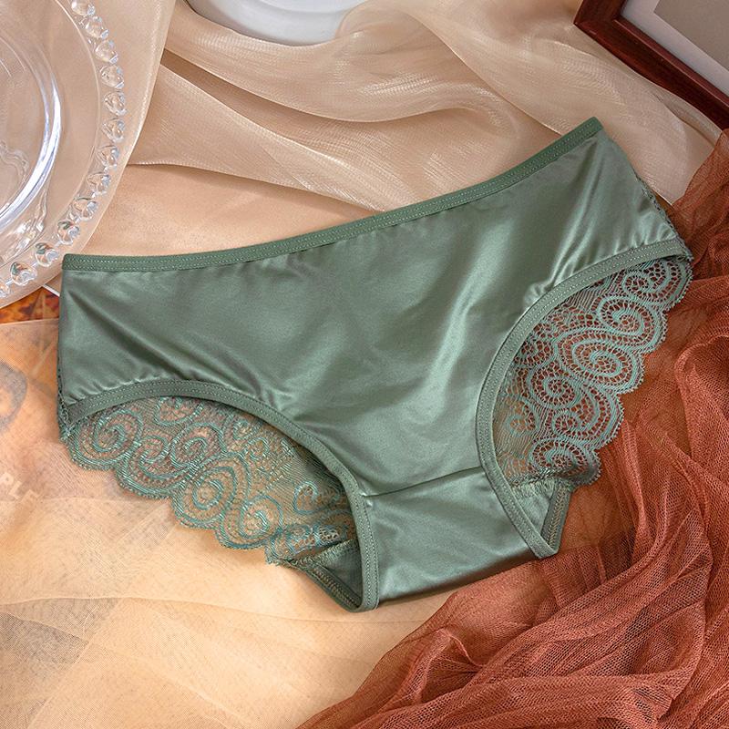 Women Bowknot Mid Waist Satin Panties Solid Color Spaghetti Strap Lace Briefs Hollow Out Seamless