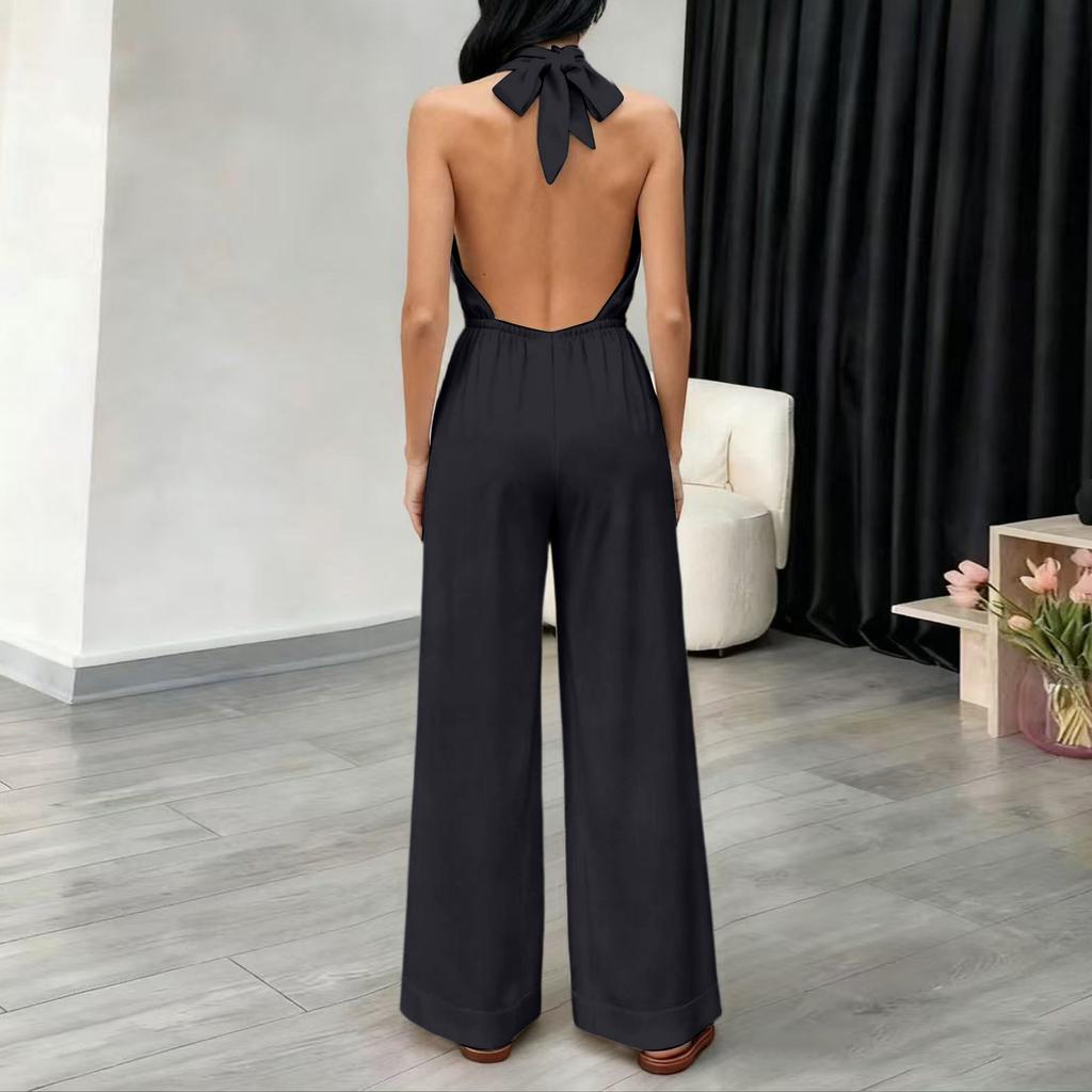 Women Sleeveless V Neck Halter Neck Jumpsuit Wide Leg Elastic Waist Casual One Piece Romper