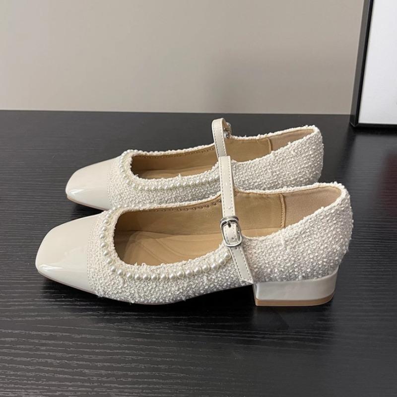 Fashion Women's Thick Heel Shoes Spring New Square Head Shallow Mouth Splicing Bead Non-slip Low-top Shoes