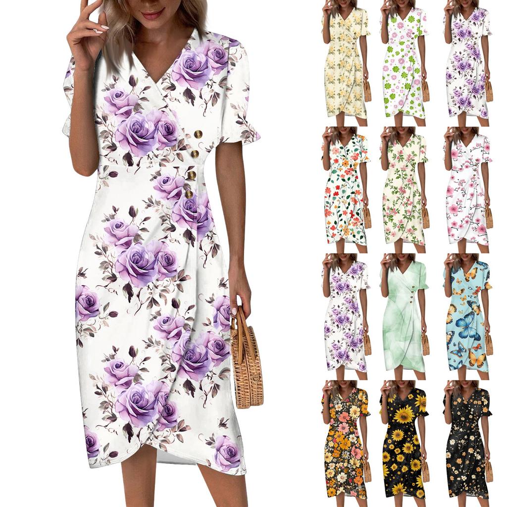 Beach Dresses For Women Spring Summer Elegant Wrap V Neck Floral Boho Dress Flowy Ruched Hawaiian Maxi Dress