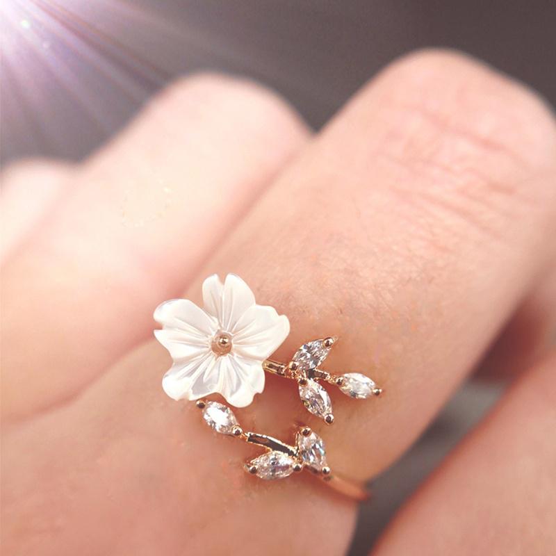 Delicate Zircon Crystal Leaf Shell Flower Ring for Women Ladies Girls Rose Gold Color Finger