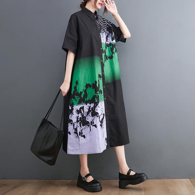 

DIMANAF 2025 Большие размеры Лето Женское Свободное Платье Женское Базовое Длинное Платье Винтажное Повседневное Платье С Принтом Большие Пуговицы L чёрный