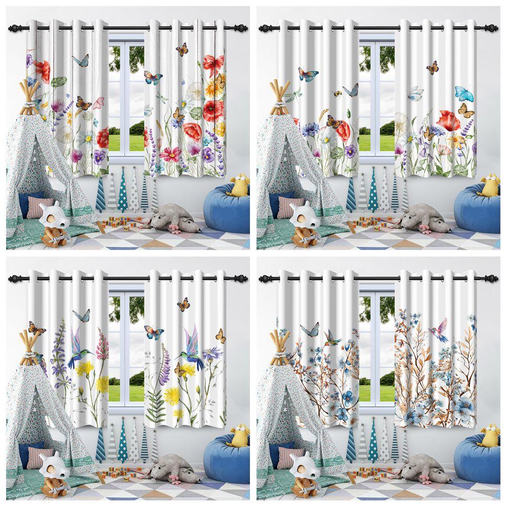 Butterfly Flowers Plants Blackout Curtain for Bedroom Living Room Cafe Apartment Window Kid's Room Hanging Drapes Polyester 2Pcs