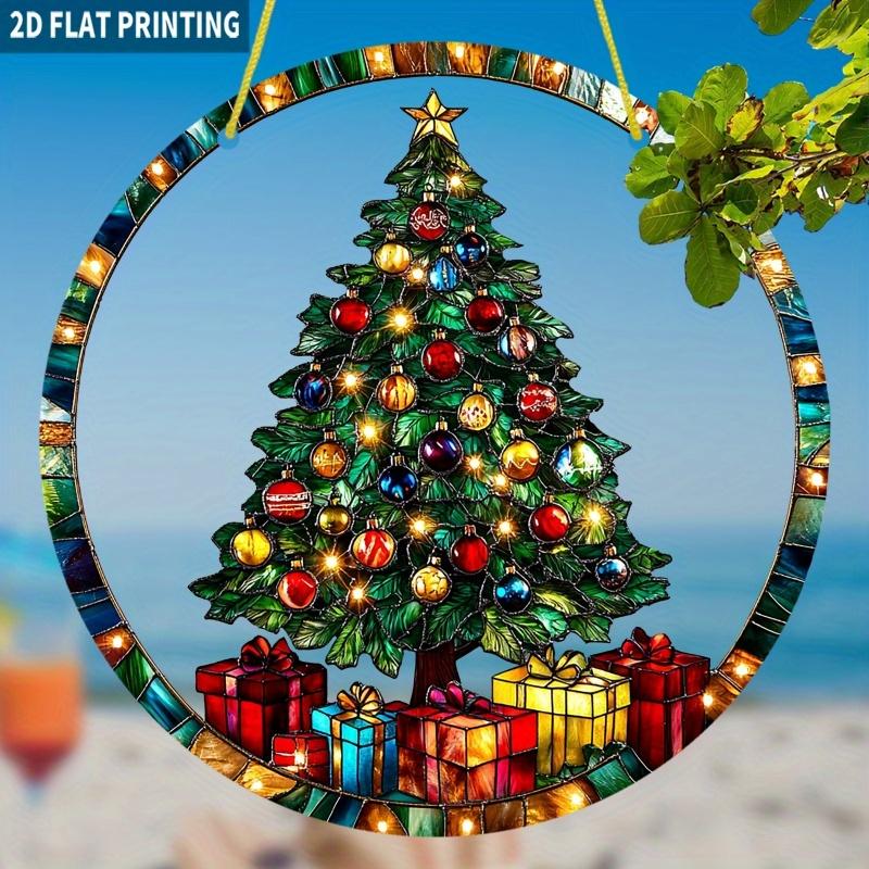 Illuminated Christmas Tree Sun Catcher. 7.87" Circular Acrylic with 3D Effect for Holiday Decor.