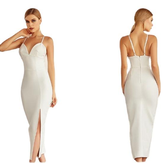 

2023 модное облегающее сексуальное однотонное платье с v-образным вырезом и разрезом