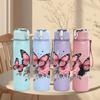 1PC Pink Butterfly Flower Art Print 750ml Color Plastic Sports Water Bottle Leakproof Flip Straw Lid Suitable for Sports Office Home Use