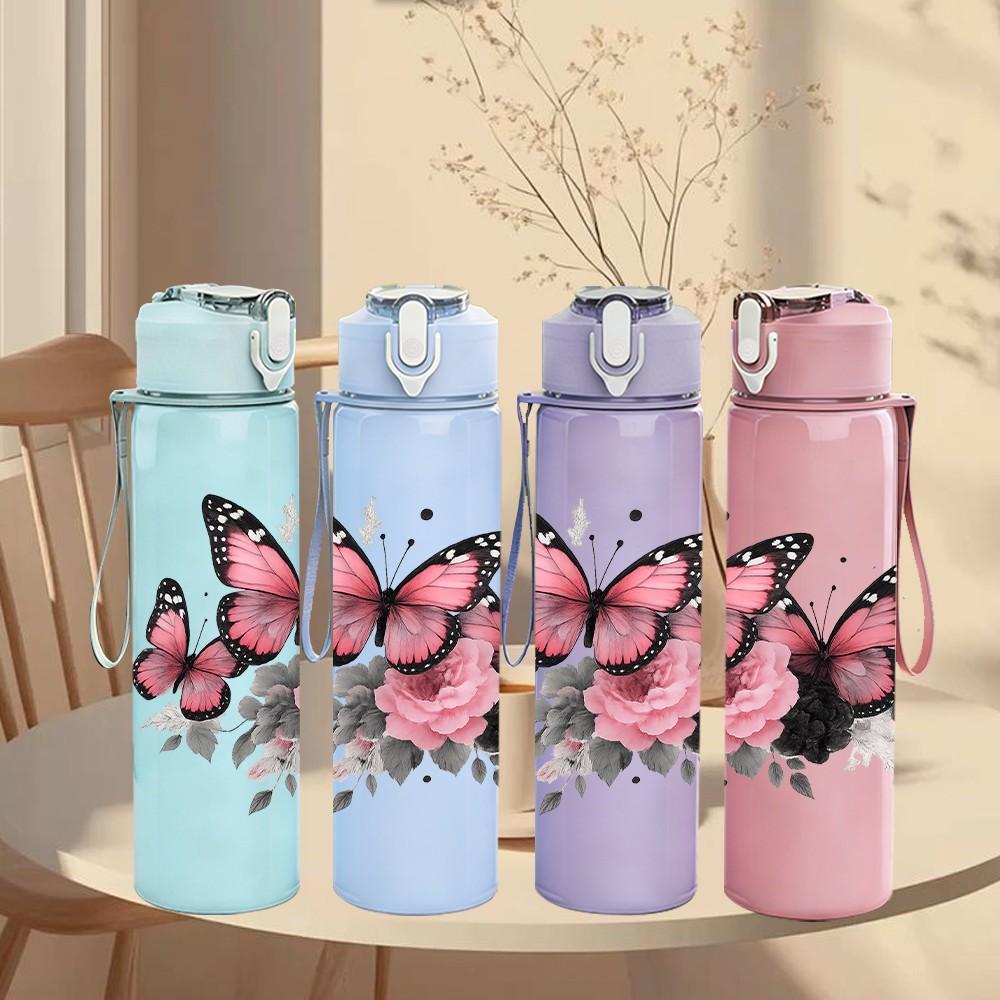 1PC Pink Butterfly Flower Art Print 750ml Color Plastic Sports Water Bottle Leakproof Flip Straw Lid Suitable for Sports Office Home Use