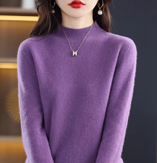 2024 Fall/Winter Women's 100% Wool Semi-High Neck Loose Knitted Sweater
