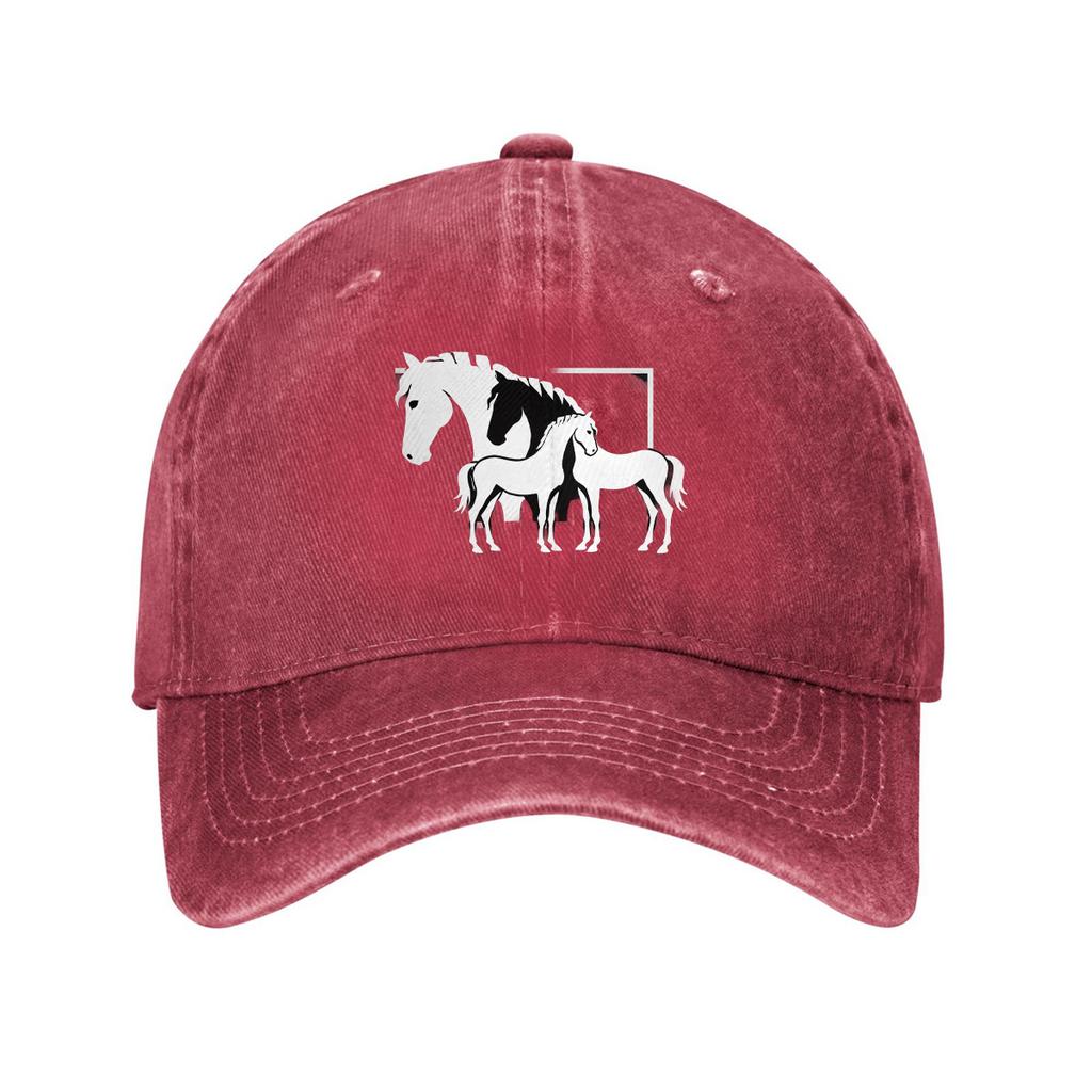 Horse Family Print Denim Baseball Cap Adjustable Washed Cotton Dad Hat Casual