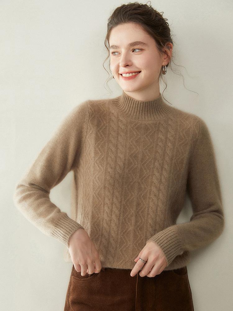 Women's Cashmere Half-High Neck Sweater, Autumn/Winter 2025, Seven-Needle Cable Knit, Loose Fit, Versatile Pullover.