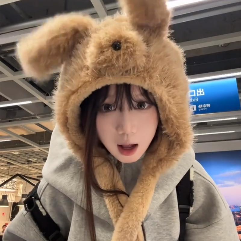 Pelziger Welpenohren Hut mit beweglichen Ohren für Damen Winter Verdickt Winddicht und Warm Lei Feng Hut Ohrenschutz Stil
