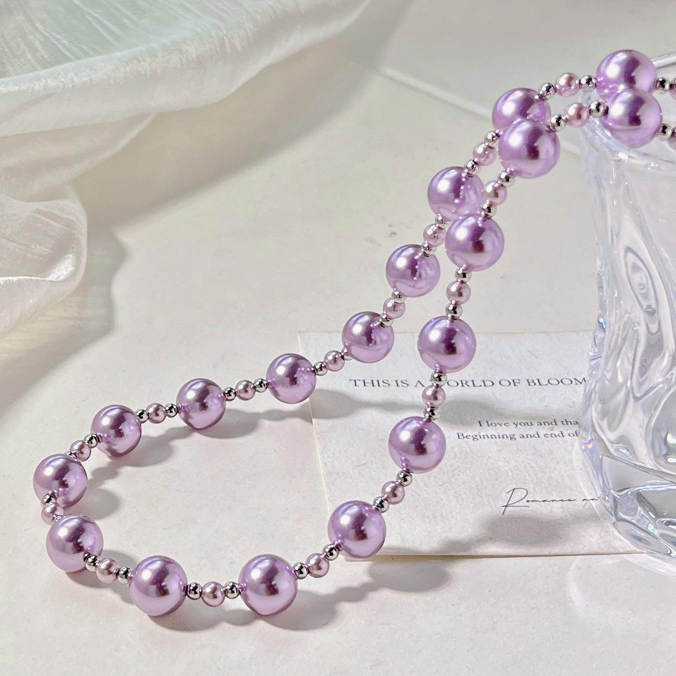 Purple Highlight Faux Crystal Pearl Design Necklace Clavicle Chain Sweater Chain