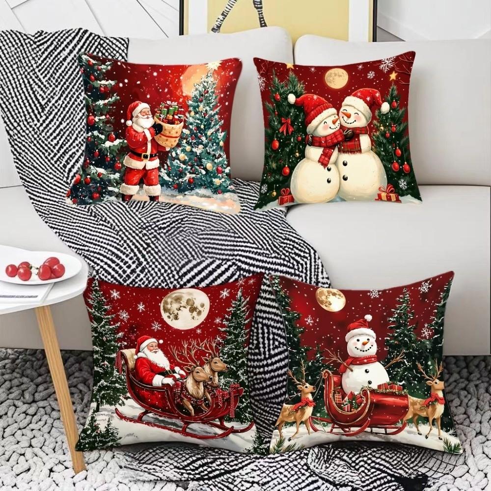 Polyester Cushion Slipcover Santa Claus & Snowman Throw Pillow Cover  for Living Room Sofa