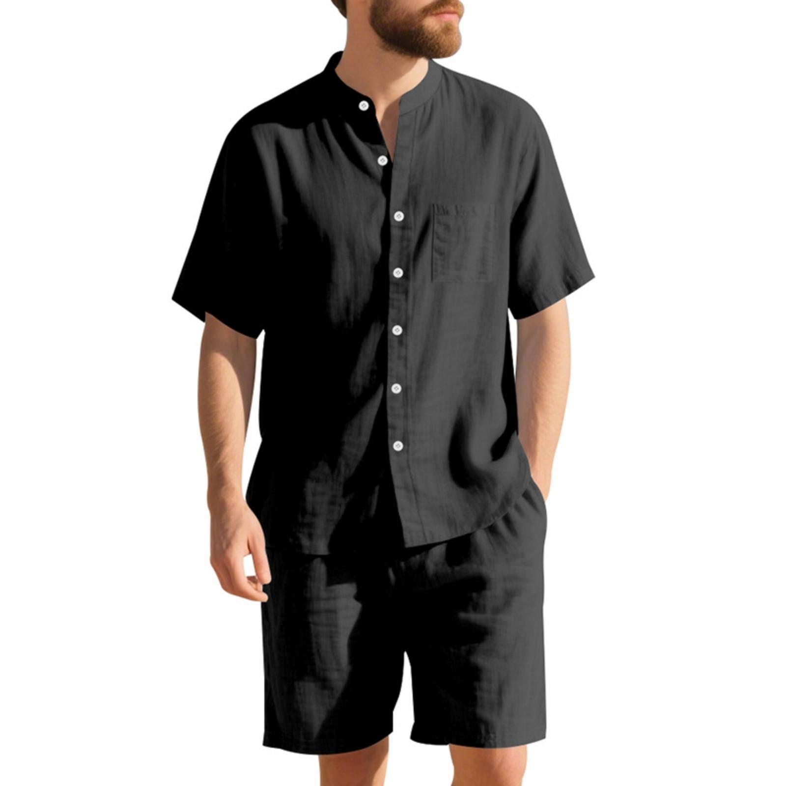 

Men s Linen Suit, Loose Pocket Button Short-sleeved Shirt And Elastic Waist Breathable Shorts, Hawaii Vacation Men s Two-piece Set XL чёрный