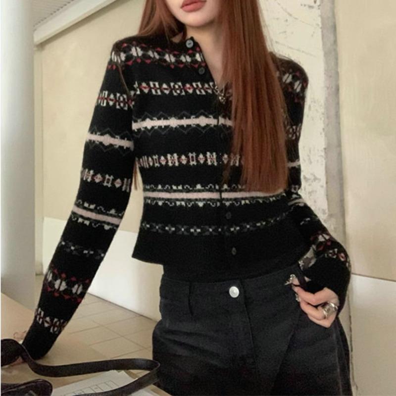 

Американский ретро вязаный кардиган женский осенне-зимний новый дизайн нишевый жаккардовый короткий свитер куртка One Size