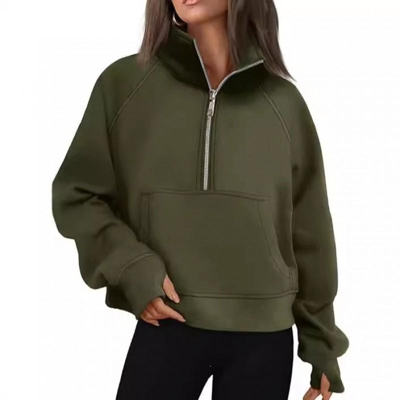 Womens Oversized Hooded Fleece Pullover Sweater With Raglan Sleeves Stand Collar Half Zip Streetwear