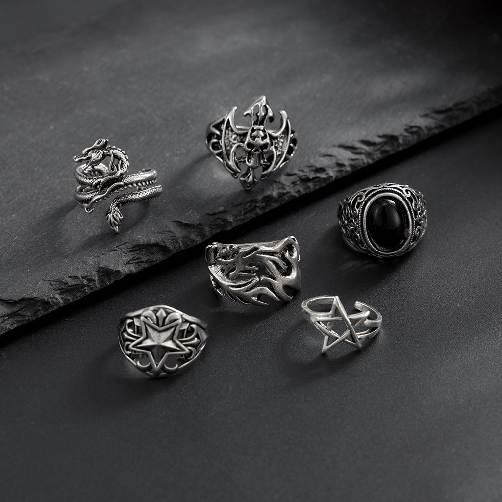 Punk Gemstone Skull Ring Set for Men High-End Hip-Hop Niche Dragon-Shaped Ring Men's Jewelry