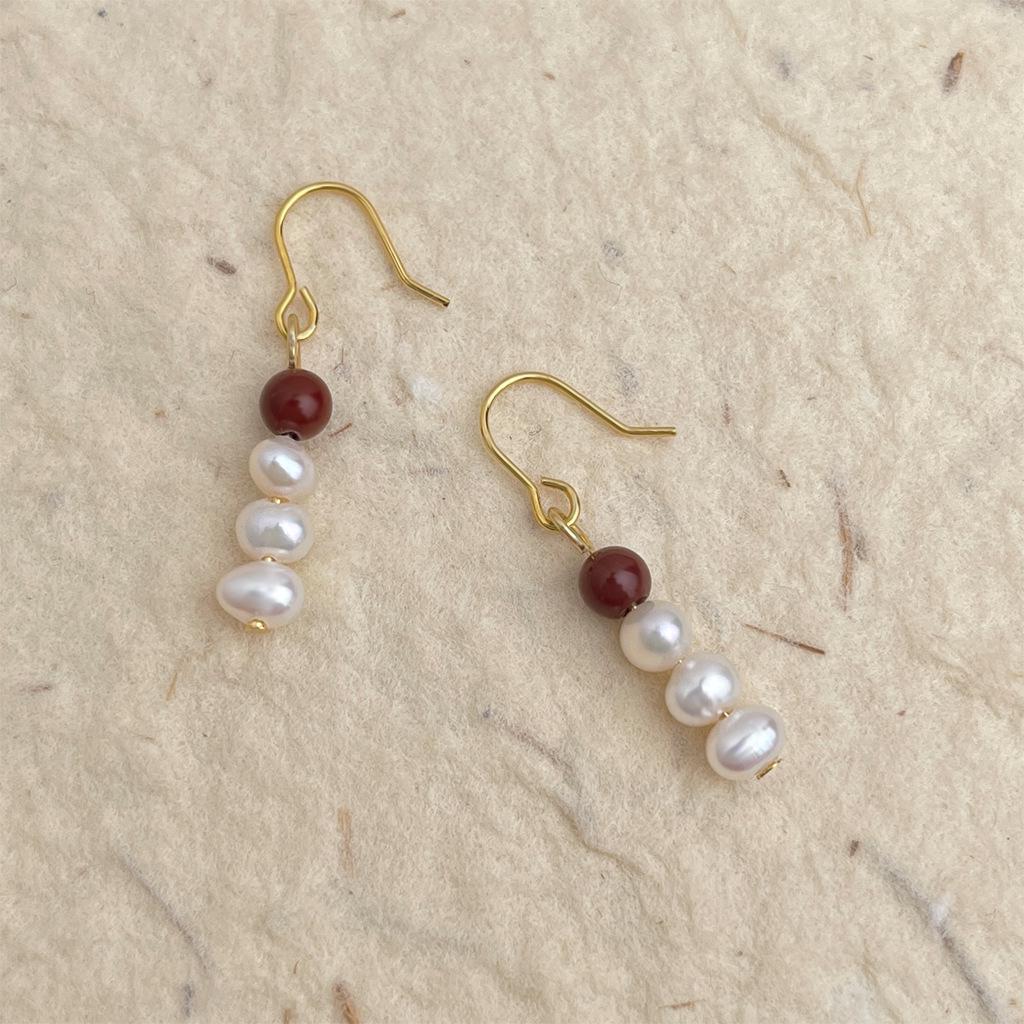 Boucles d'oreilles Guochao Perle d'eau douce naturelle Bloc de couleurs Rétro Style chinois pour femmes