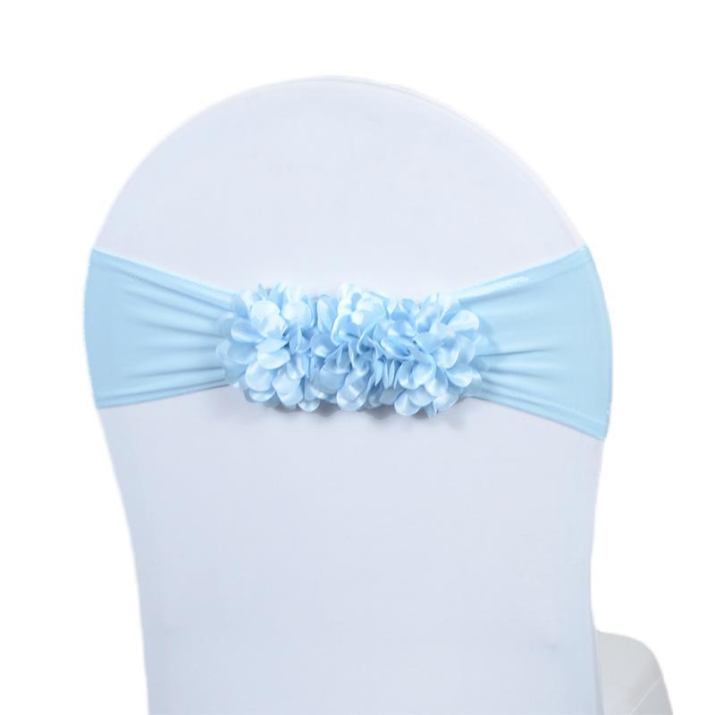 Faixa de Cadeira de Cetim Elástico em Várias Cores Design Elástico com Flor 3D Para Decoração de Casamento Banquete Festa Evento