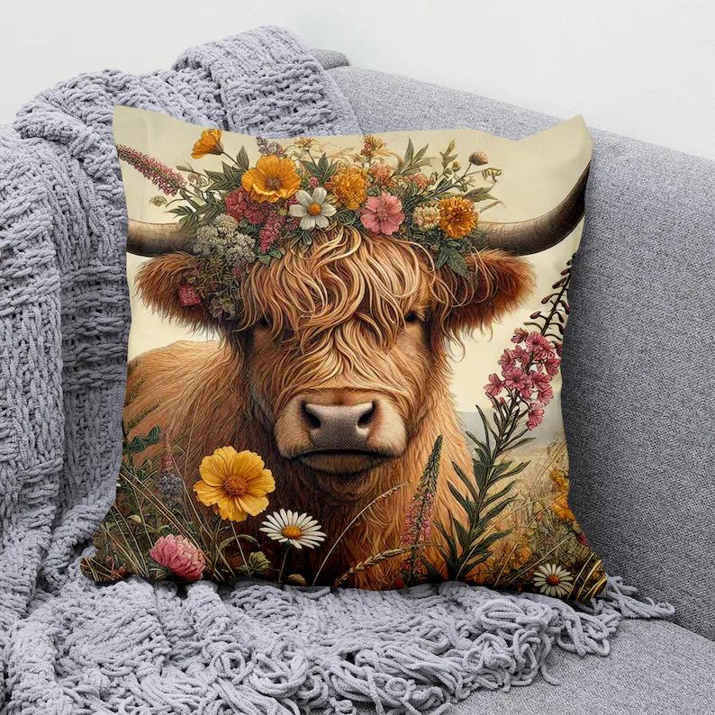 VIKAMA Highland Bovine Pillowcase Invisible Zipper Washable Pillowcase Living Room Sofa Cushion Cover Home Decor