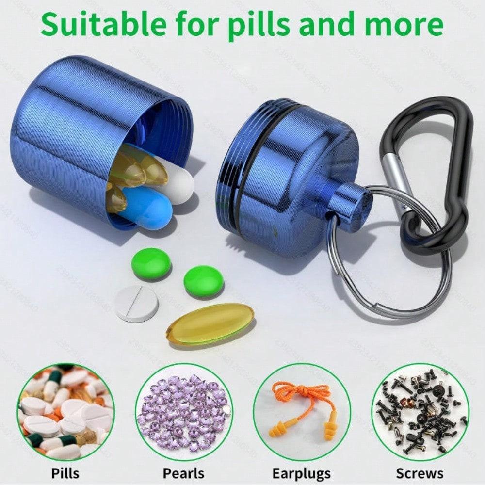 1pcs Portable Metal Sealed Pill Case with Carabiner, Moisture-proof Storage Container, Pill Box, Keychain Pill Holder, Mini Metal Pill Bottle
