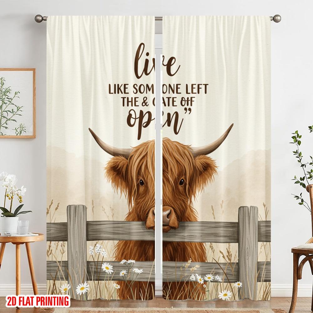 Flat Printing Window Treatment Curtains Highland Cow Gate Open Polyester Fabric Without Electricity Festive Holiday Use Curtain Set Of 2 Made Washable
