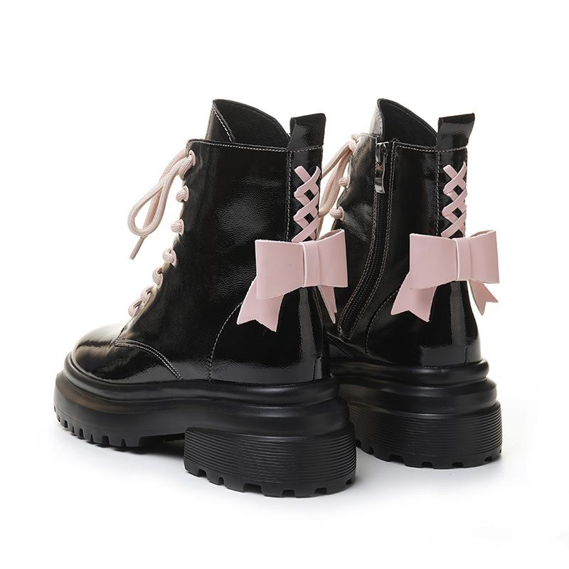 Boots For Women With Pink Bow Contrast Color Patent Leather Biker British Style Platform Ankle Boots Non-slip Thick Sole Shoes