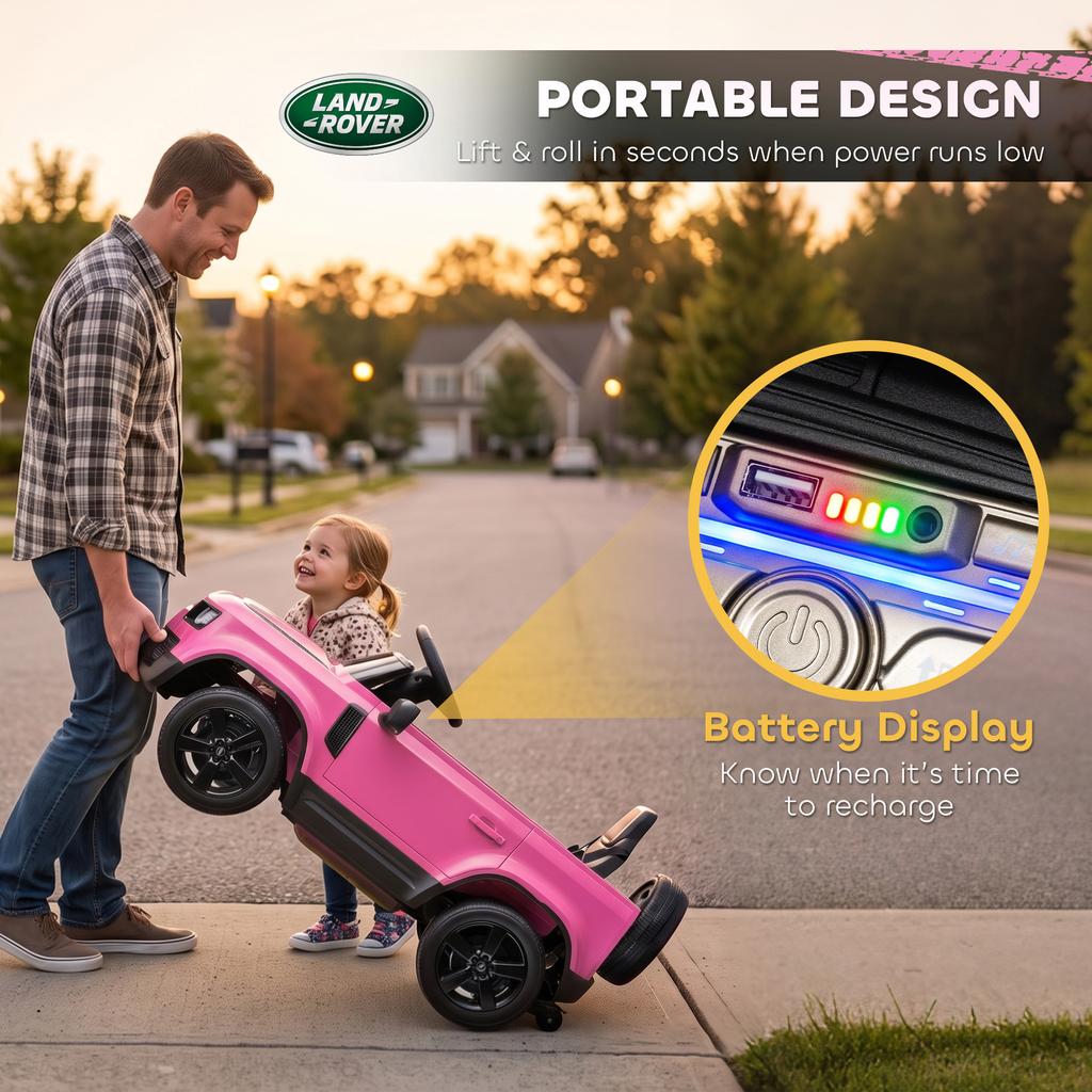 Land Rover Licensed 12V Kids Ride on Car with Remote, Suspension, Slow Start, 3 Speeds, Lights, Music, Horn, Pink