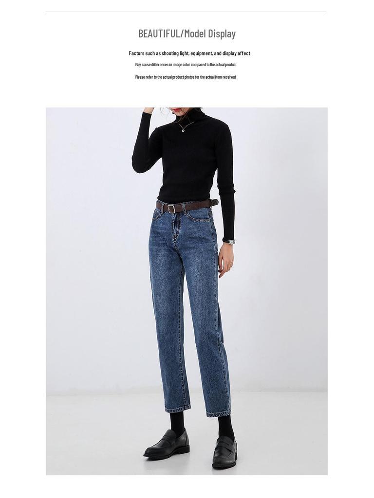 Women's Retro High-Waist Elastic Jeans - Slimming, Straight-Leg, All-Cotton, Loose Fit, Classic Chinese Style.