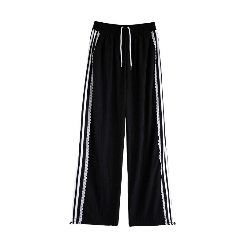 Lace striped sweatpants women's autumn new loose wide-leg straight casual quick-drying black wide-leg pants