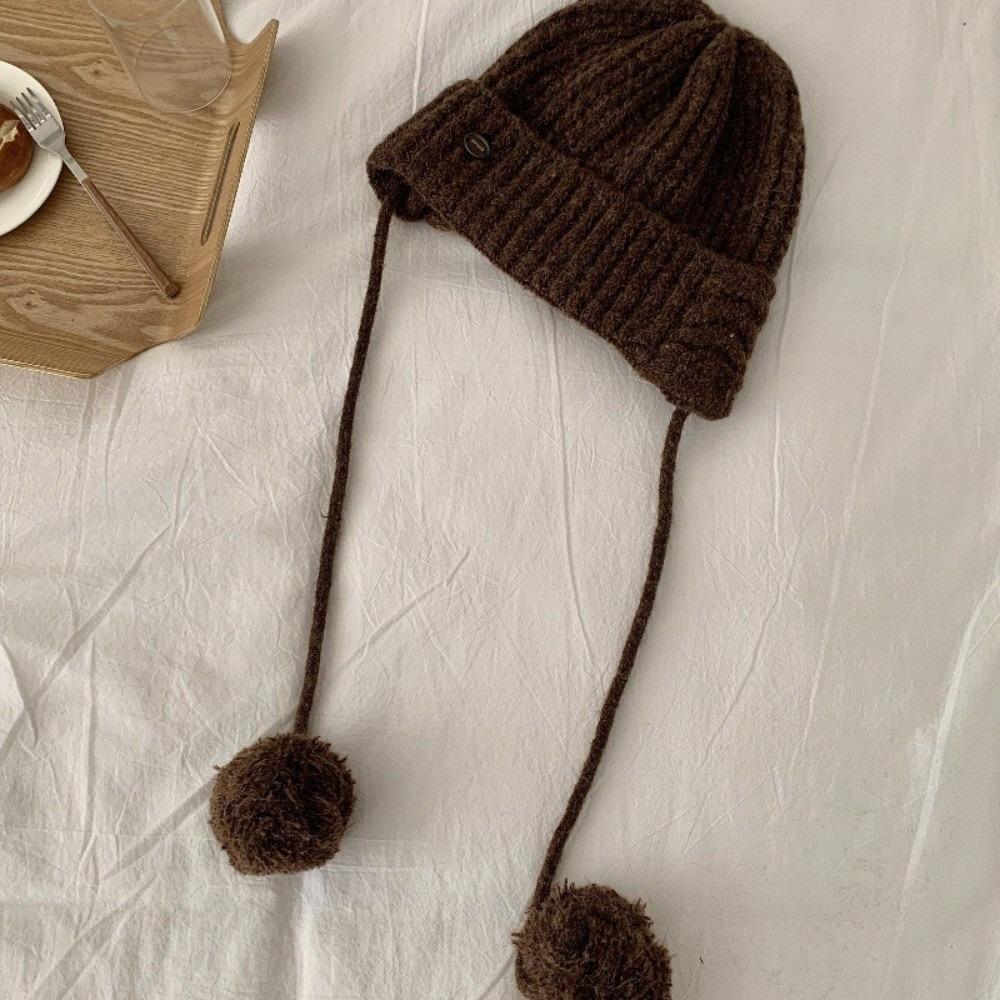 Windproof Y2k Knitted Cap Thick Beanie Hats Japanese Pom-pom Knit Cap  Outdoor