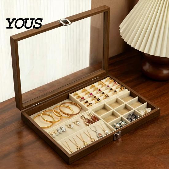 Velvet-lined Jewelry Holder Ring Storage Box, Durable Wood with Compartmentalized Design, Soft Travel Organizer Box Velvet Interior Multi-grid
