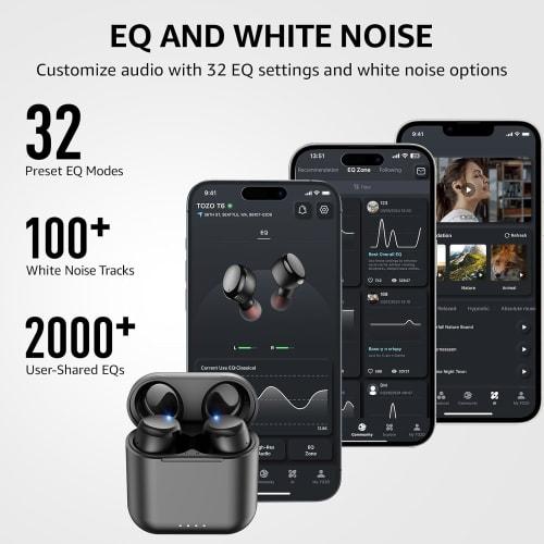 TOZO T6 Wireless Earbuds, Bluetooth 5.3, In-Ear, Deep Bass, Warm Sound Quality, Wireless Charging, IPX8 Waterproof, Custom EQ, App Compatible, Powerfu