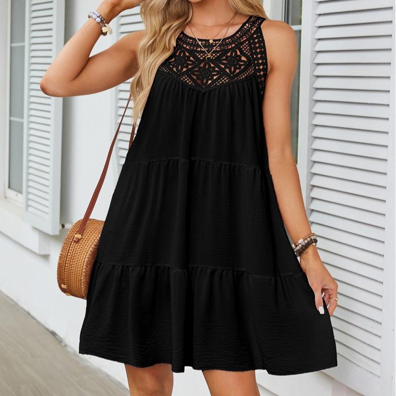 VEZFAA Damenmode Sommer Frühling Einfarbig Druck Ärmellos Hängender Hals Lose Taille Freizeitkleider