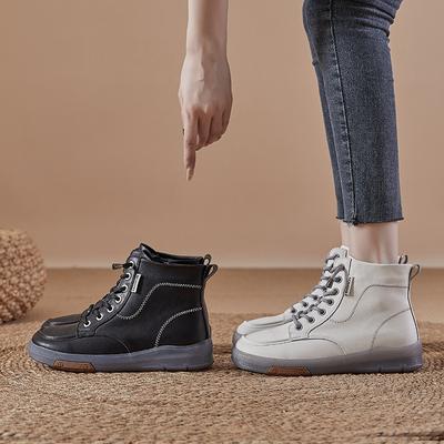 2025 New Short Boots Women's Leather Casual Soft-soled Martin Boots Versatile Velvet Cotton Shoes Autumn and Winter Medium Tube High-top Shoes Korea