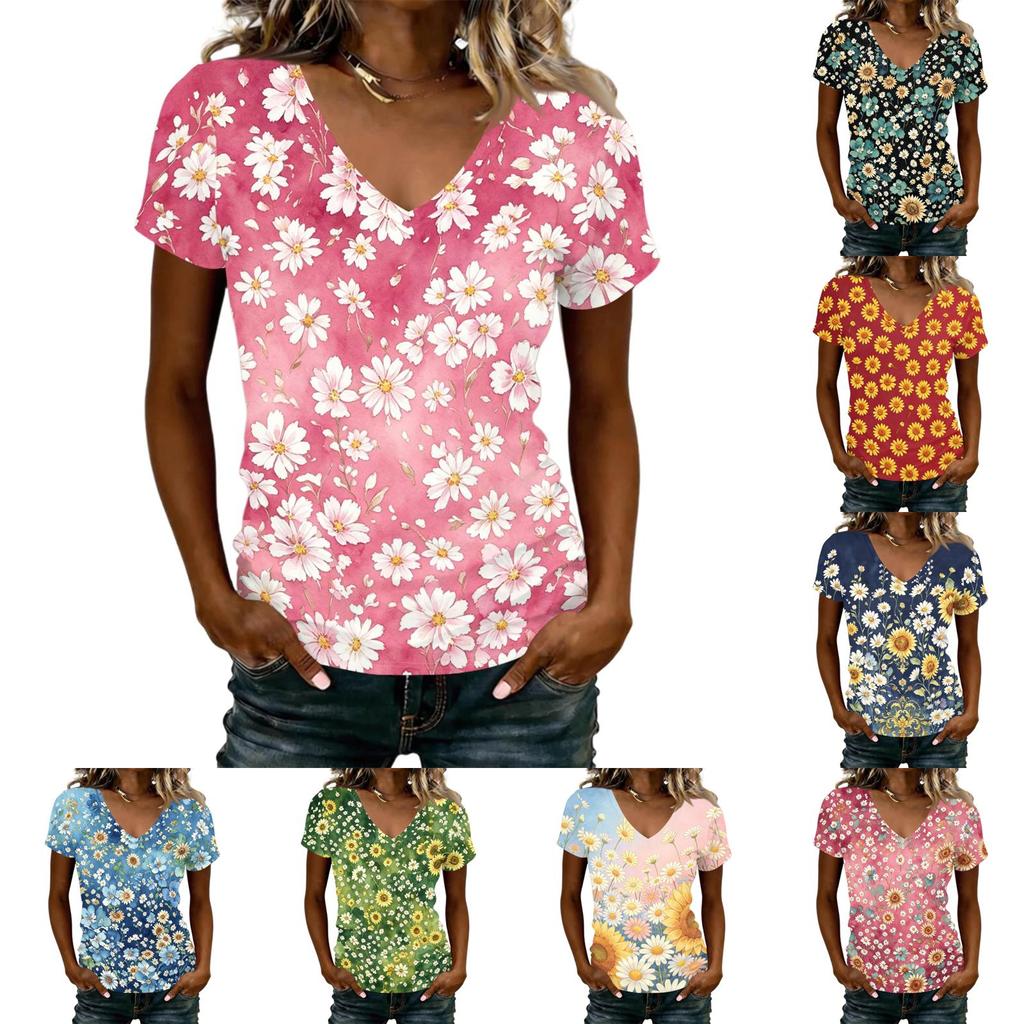 Women V Neck Short Sleeve Floral Print Casual Loose Fit T Shirt Lightweight Soft Fabric Comfortable Top for Daily Wear