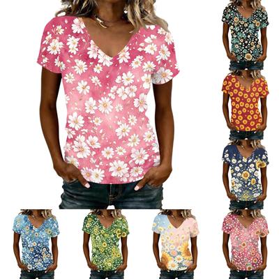 Damen Casual V-Ausschnitt Kurzarm Blumenprint T-Shirt Top Leichtes Weiches Gewebe Sommer-T-Shirt für den täglichen Gebrauch