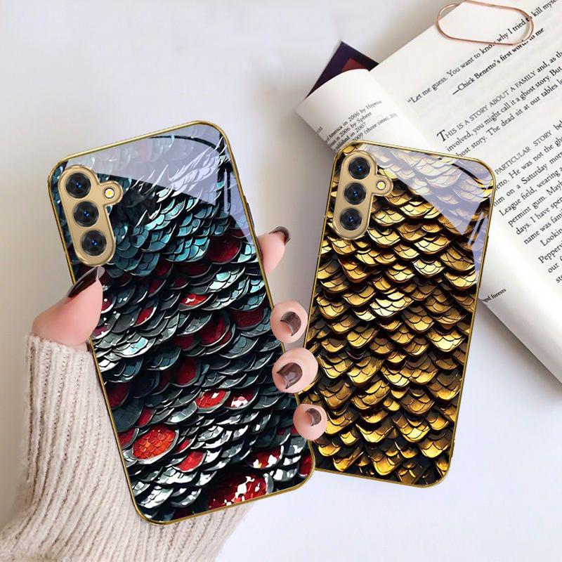 Golden scale texture For Samsung A 01 52S 04 04e 05 10 12 13 A22 23 24 36 42 M02 Note 10 20Ultra 8 9 Golden glass phone case