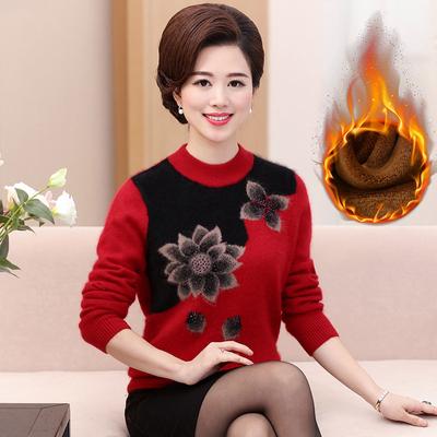 Middle-aged and Elderly Sweaters Autumn and Winter Women's Plus Velvet Thick Knit Sweater Plus Size Mother Wear Loose  Bottoming Shirt Top