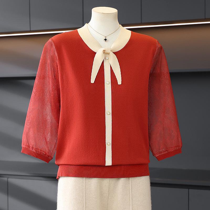 

Spring Style Elegant Knit Top for Middle-Aged and Elderly Women with Gauze Sleeves, Plus Size. 2XL (recommended for 120-140 jin) красный