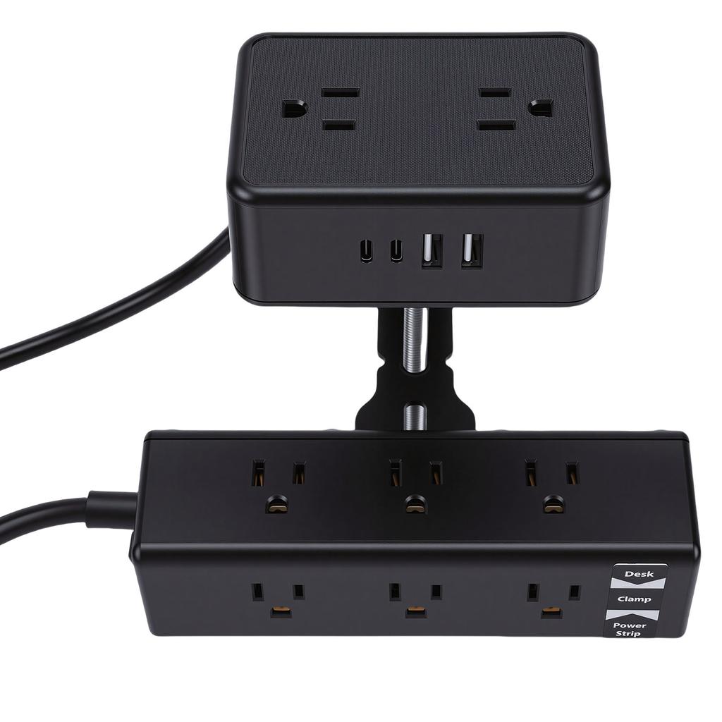 Dual Layer Desk Clamp Power Strip 12A 1500W 13 AC Outlets 2 USB A 2 USB C Ports Edges Mount Power Strip with 2m Cord