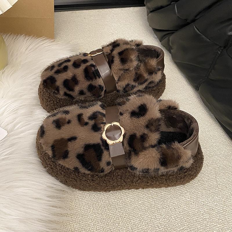 

2025 осень новый толстоподошвенный ретро верхняя одежда леопардовый принт однопедальные ленивые хлопковые туфли женские плюшевые теплые пушистые туфли женские 40 цветной печати леопарда